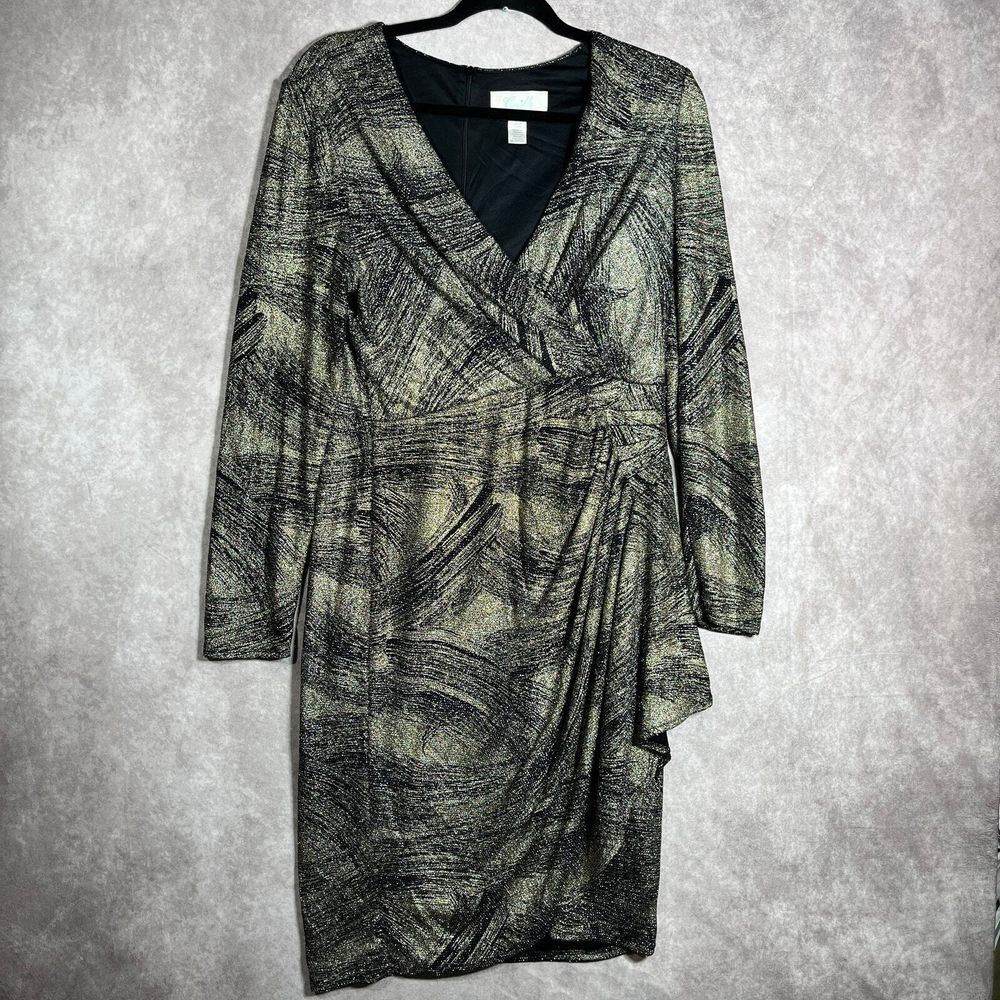 Camille Wrap Side Dress Womens 12 Gold Metallic‎ Knee Length Cocktail Holiday